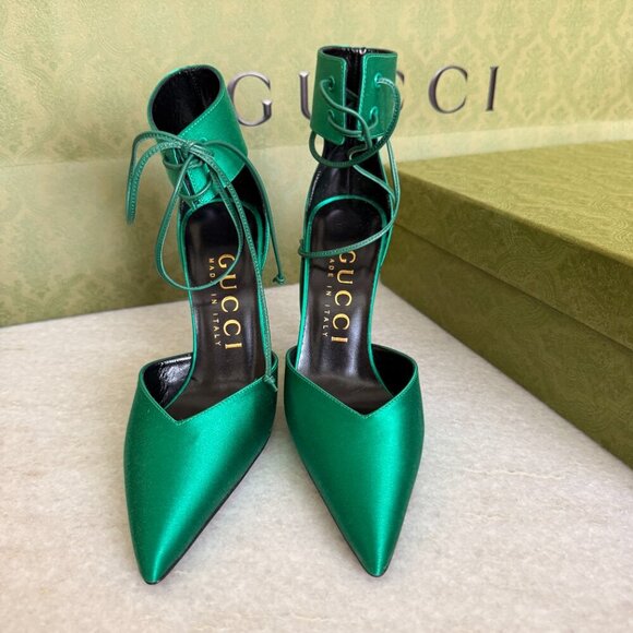 GUCCI 752966 Priscilla Emerald Green Satin Strap Gold Stiletto Heel 36+, US 6.5 - Picture 7 of 16